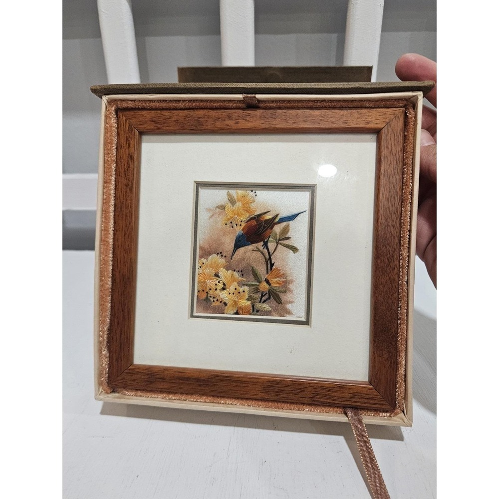 Vintage ArtAll Silk Fine Embroidery Kingfisher Bird In A Lovely Frame